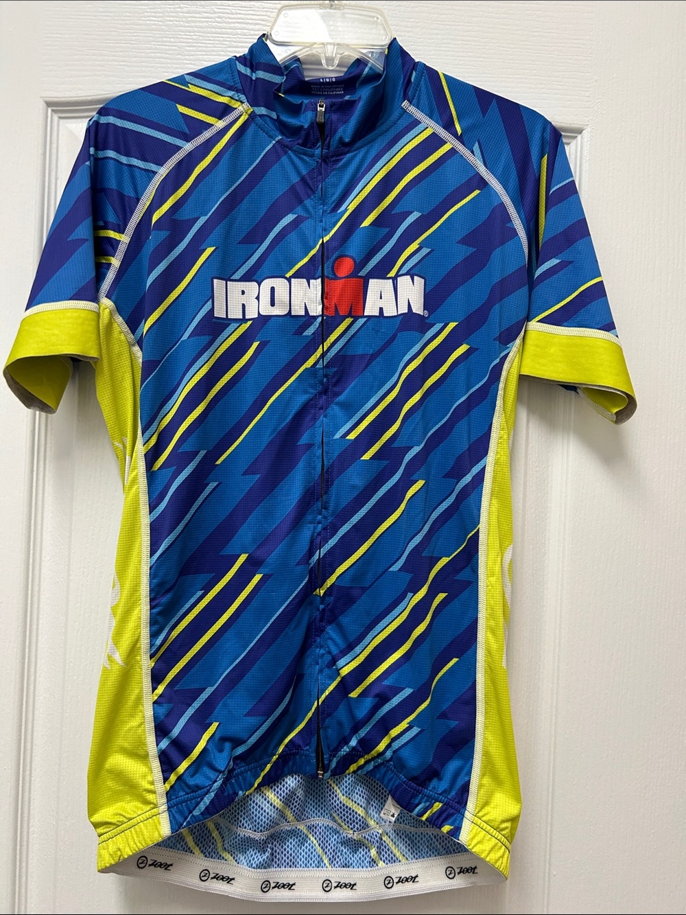 Ironman Blue and Neon Yellow Short Sleeve Cycling Jersey size Large